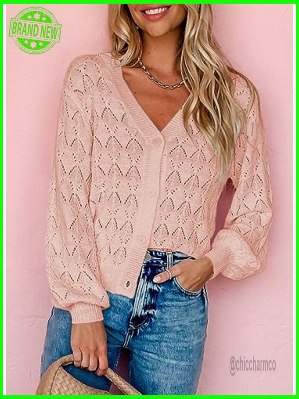 Crochet Knit Open Front Cardigan Lightweight Puff Sleeve V-Neck - Picture 4 of 7